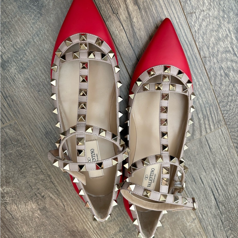 Valentino Garavani Red and Tan Studded Women's Flats